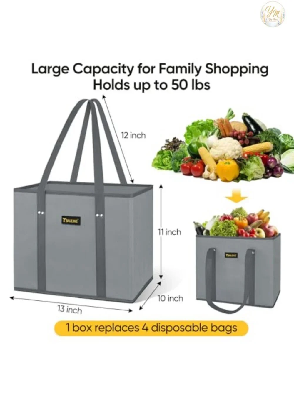 Set of 3 Heavy Duty Reusable Grocery Tote Bags with Long Handles